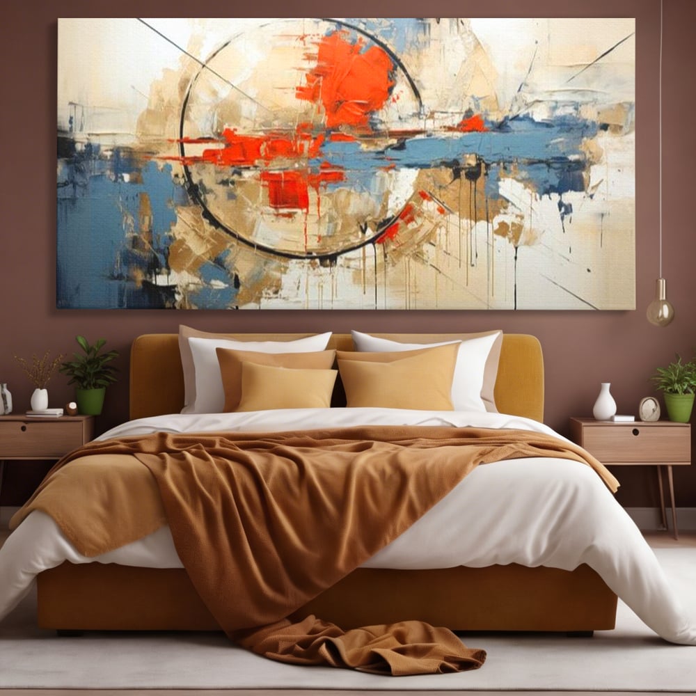 Tablou canvas cu pictura abstracta cu cerc negru si pete rosii, fara rama, pe sasiu de lemn, pe perete intr-un dormitor
